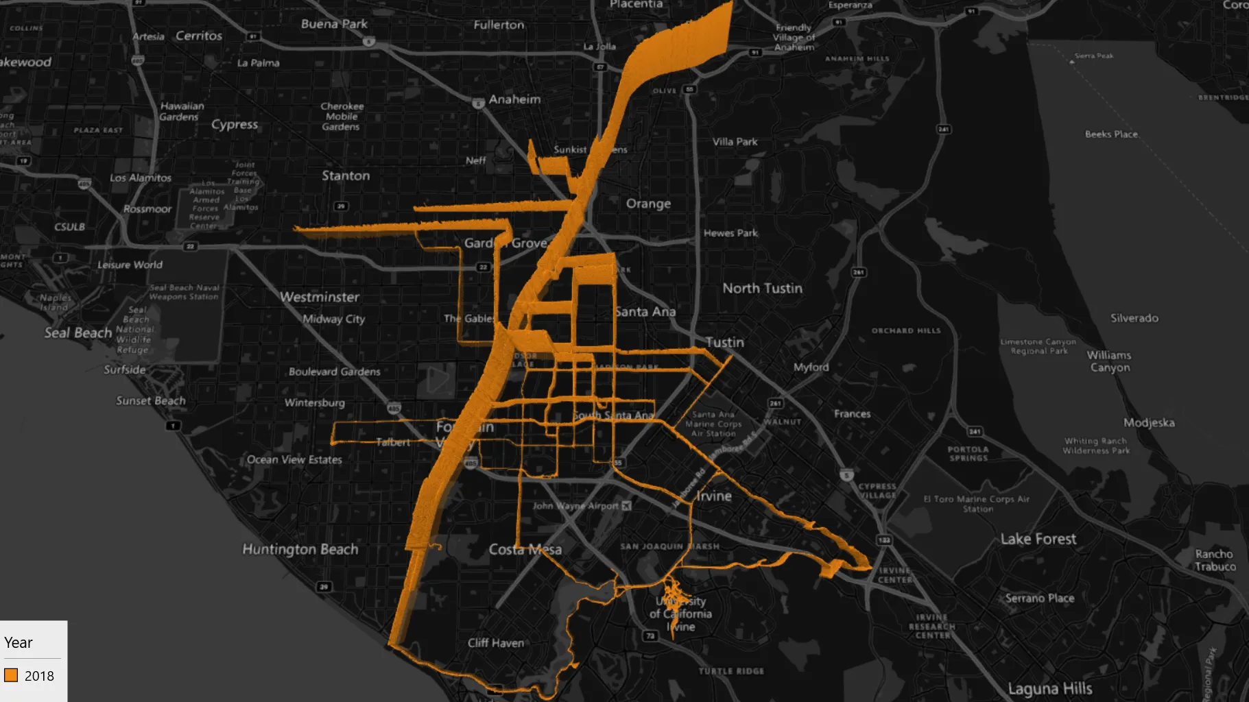 Visualization of my 2018 rides in the Orange County.